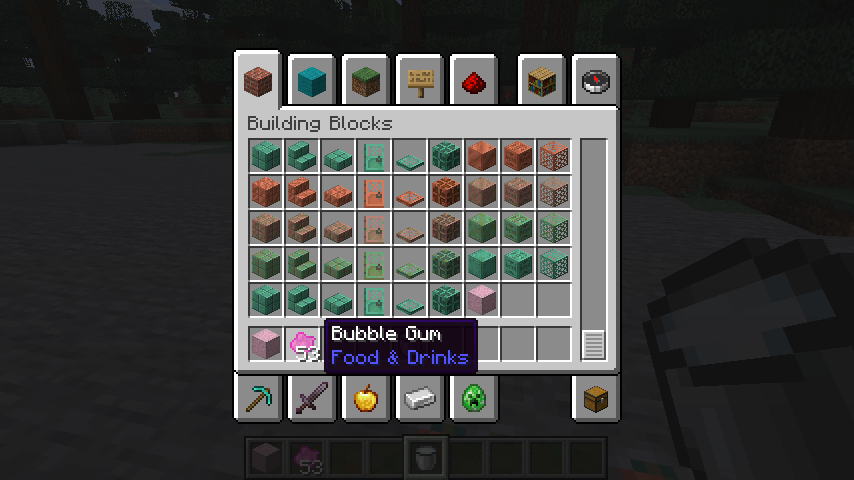 Tooltip of Bubble Gum, labeled with "Food & Drinks". The Block of Bubble Gum can be seen in the "Building Blocks" creative tab.