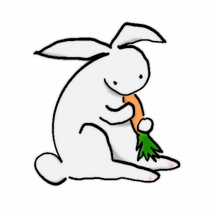 A cartoon of a white bunny, sitting on its haunches, eating a carrot.