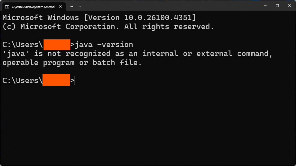 Command prompt window indicating a failure to recognize 'java'.

'java' is not recognized as an internal or external command, operable program, or batch file.