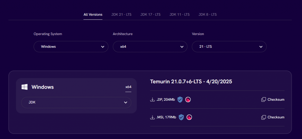 Screenshot of the Temurin JDK Version Selector, set to Windows x64 for 21 -LTS.