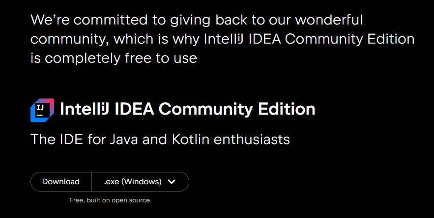 Excerpt of IntelliJ IDEA's website, showing the download link for the community edition.