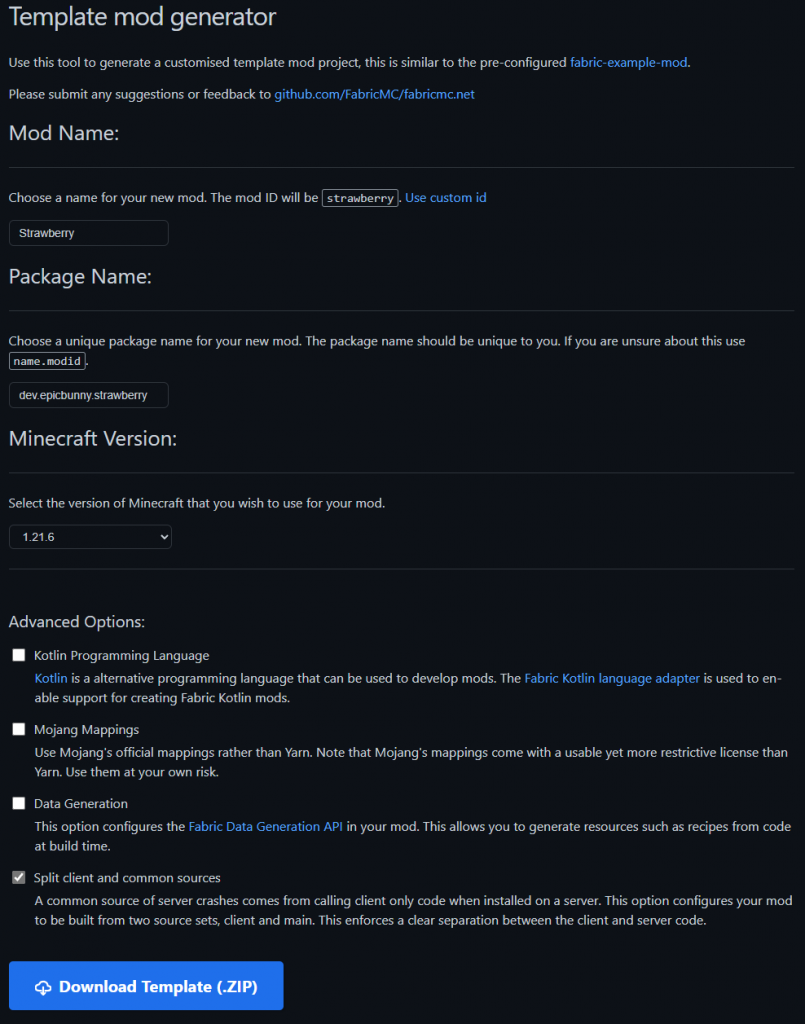 The form for the Template mod generator, filled out for example mod "strawberry".