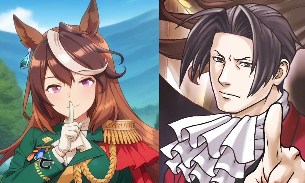 Symboli Rudolf from Umamusume and Miles Edgeworth from Ace Attorney Investigations Collection