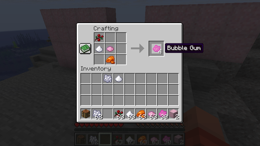 In-game screenshot showing the crafting recipe for bubble gum.