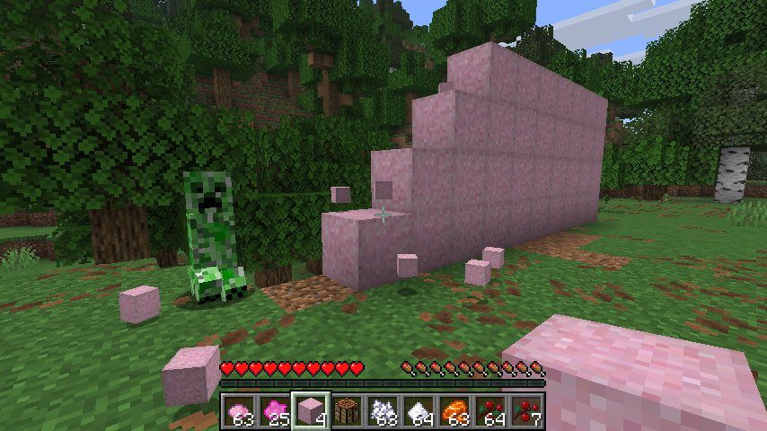 An ingame screenshot of blocks that were dropped... and a creeper.