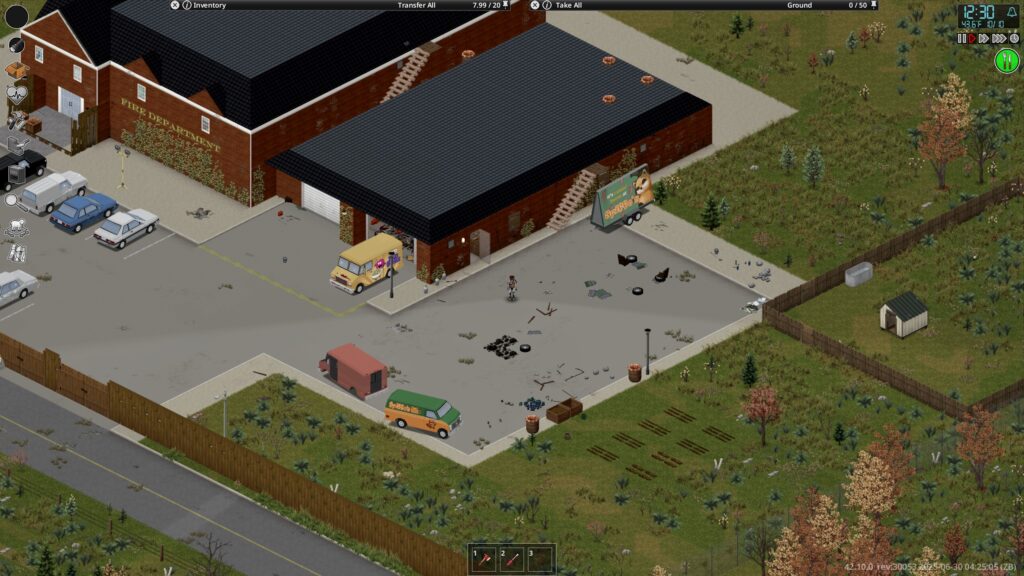 Screenshot of Project Zomboid, featuring my base in Rosewood Fire Department. A number of constructions can be seen, such as a wall, a garden, and a chicken coop. Vehicle parts litter the parking lot.