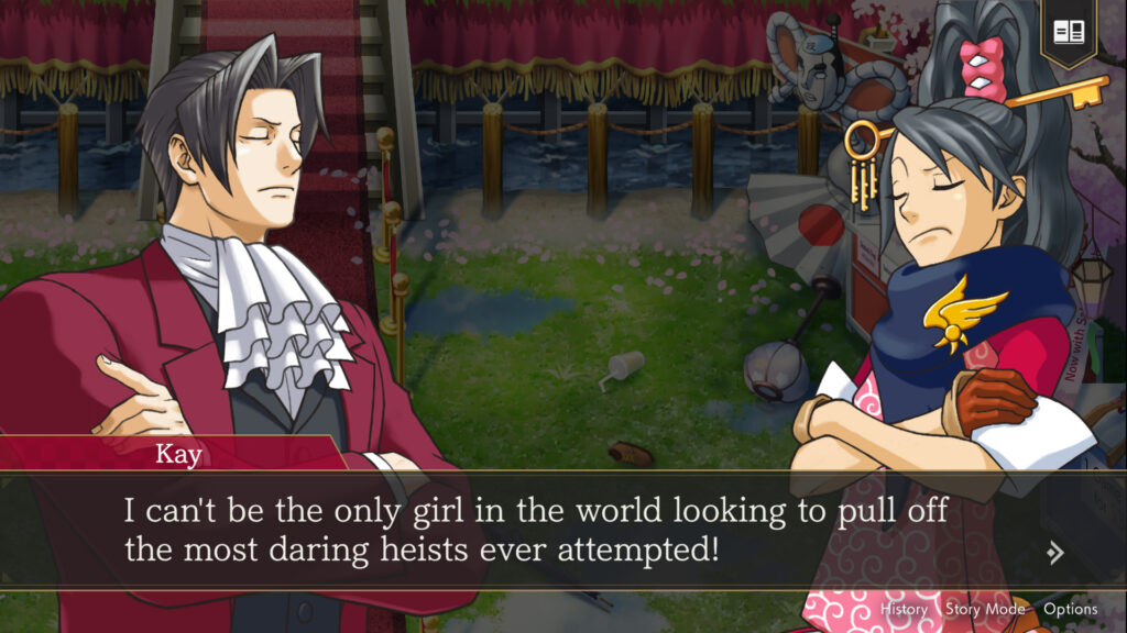 Miles Edgeworth and Kay Faraday having a discussion about thievery. Kay: "I can't be the only girl in the world looking to pull off the most daring heists ever attempted!"