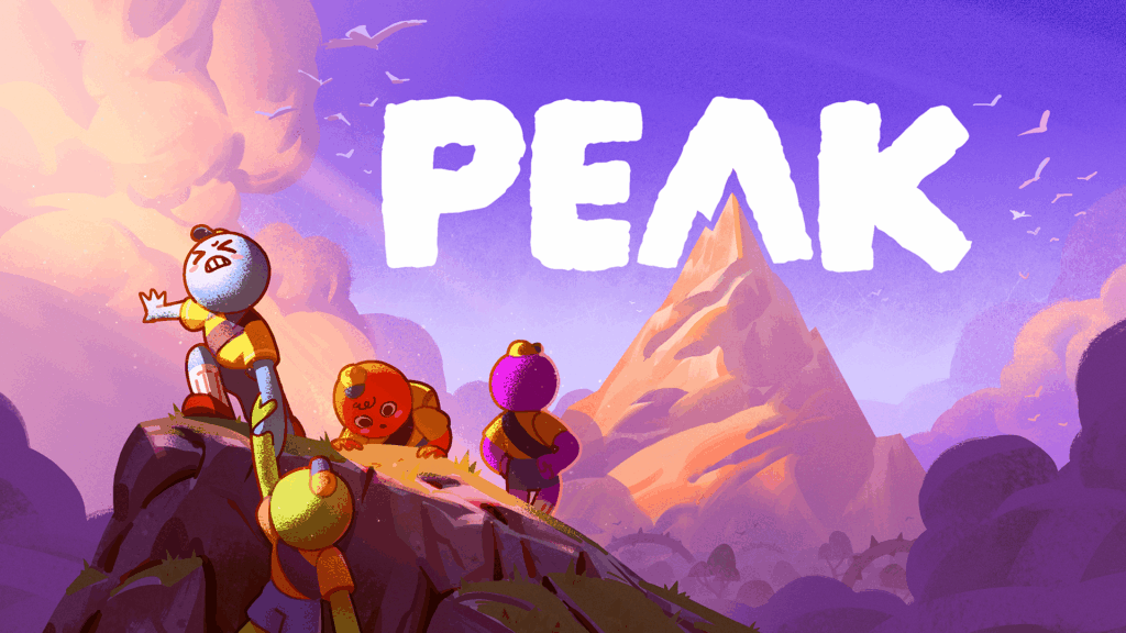 Promotional material for Peak, showing a cartoonish trop of boy scouts helping each other to climb a mountain.